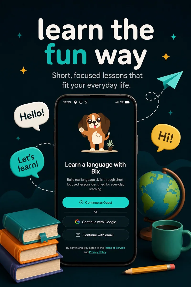 Bix Learn welcome screen on a phone — learn the fun way with short, focused lessons