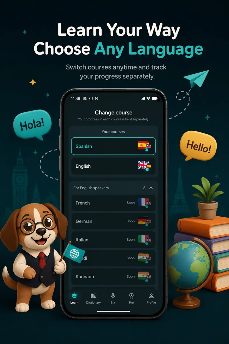 Course chooser — switch between languages like Spanish, French, German, Italian and Kannada