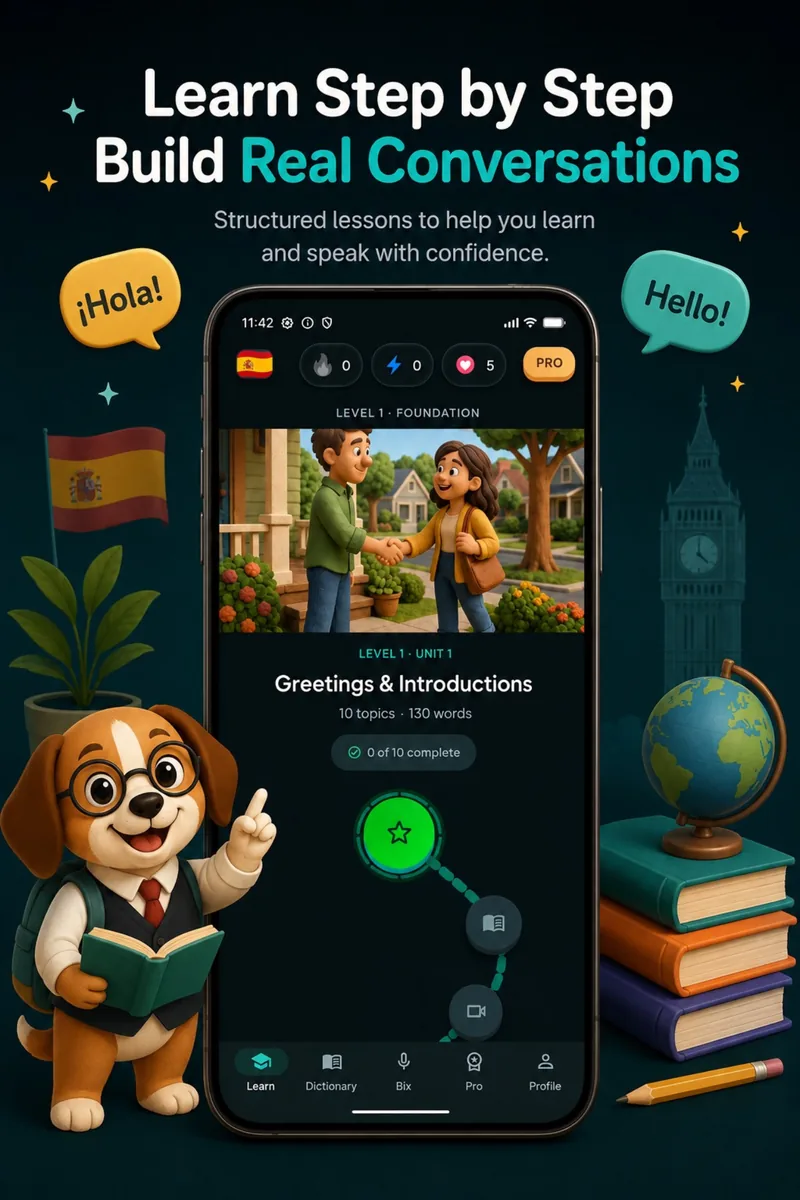Lesson path in the Bix Learn app — structured steps building towards real conversations