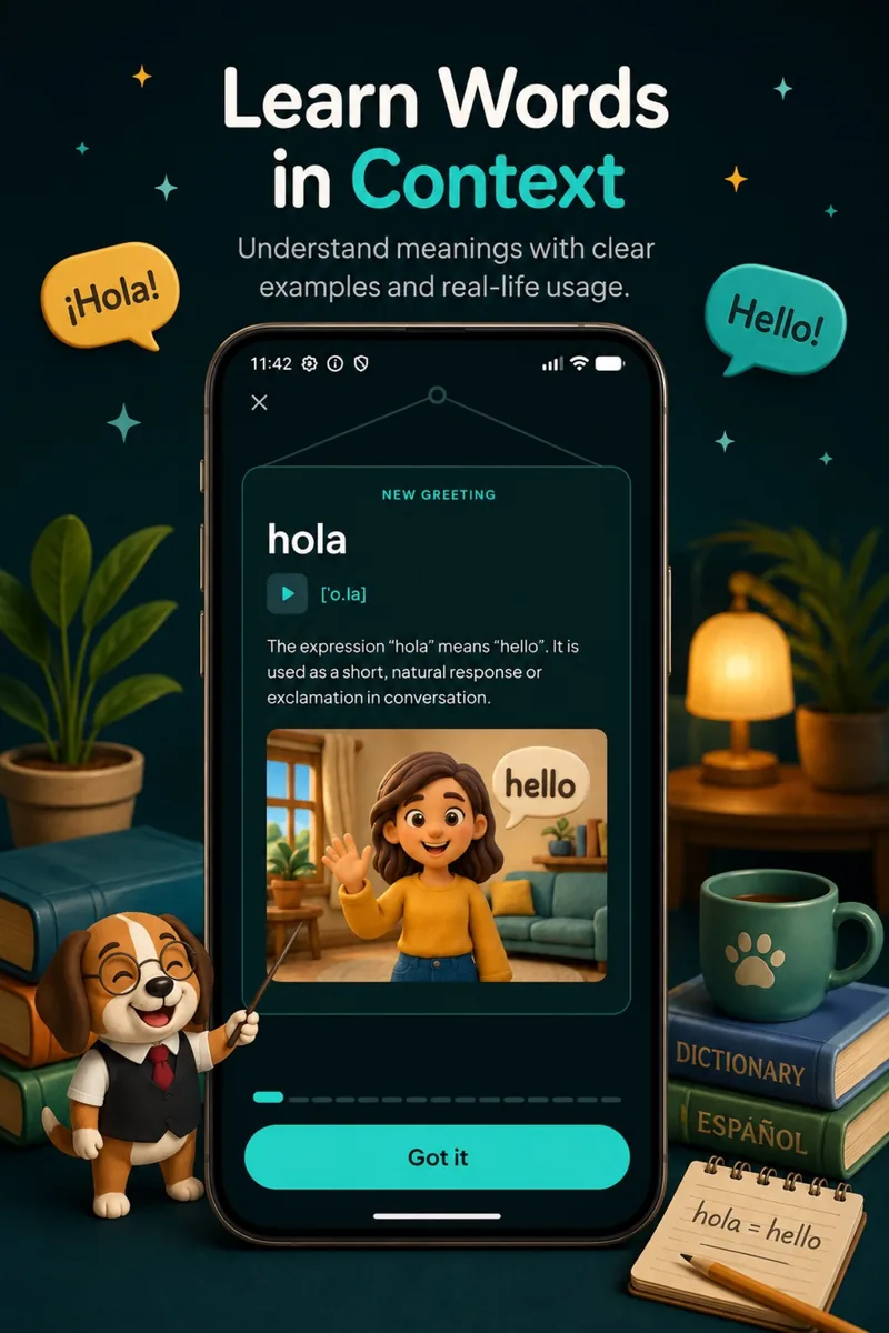 Word detail screen — the word hola explained with clear examples in context