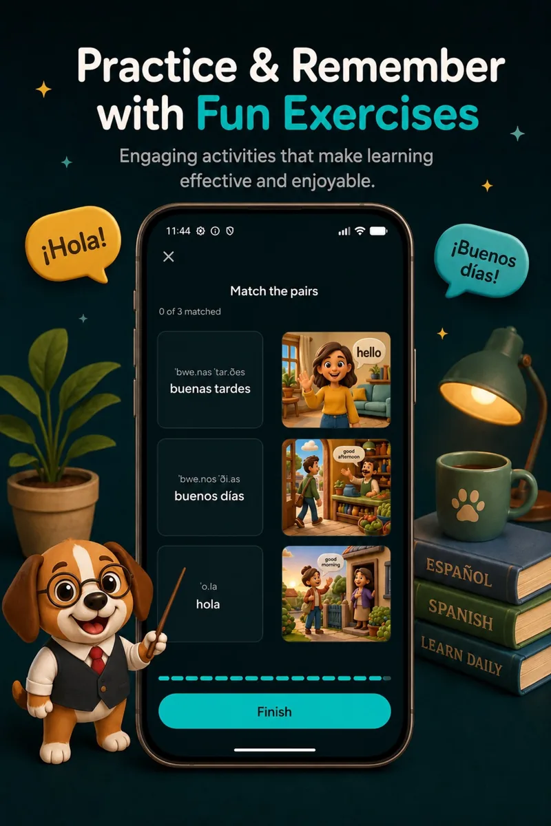 Match-the-pairs exercise in the Bix Learn app — practise and remember with fun exercises